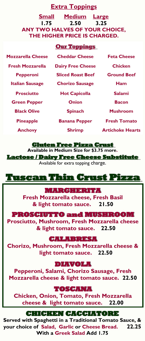 Top Pizza and Spaghetti House Take-out Menu